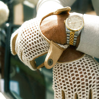 CROCHET KNIT / TAN LEATHER DRIVING GLOVES