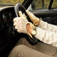 CROCHET KNIT / TAN LEATHER DRIVING GLOVES