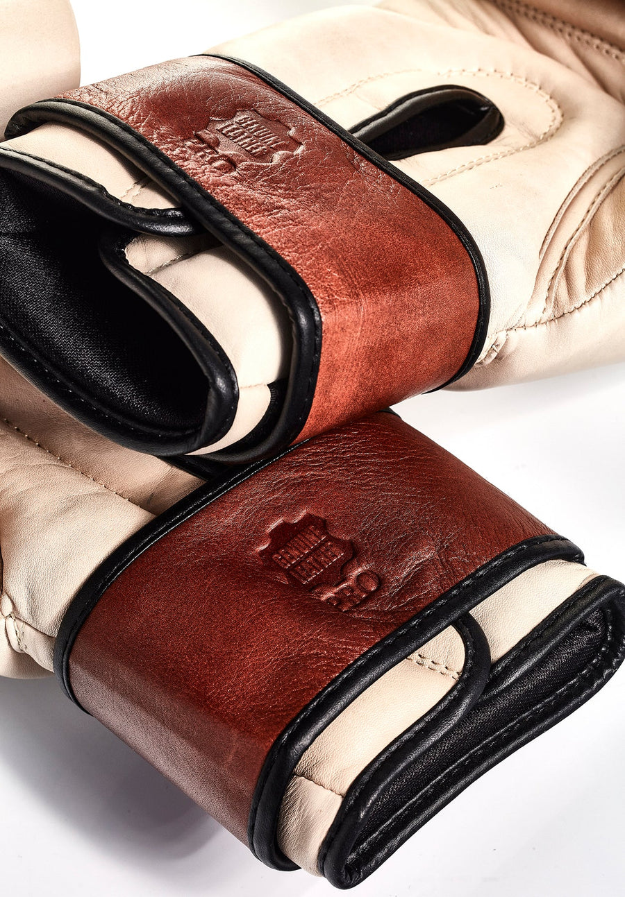 PRO CREAM/BROWN LEATHER BOXING GLOVES (STRAP UP)