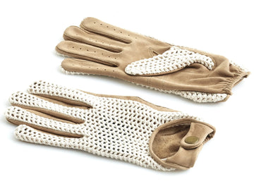 CROCHET KNIT / TAN LEATHER DRIVING GLOVES